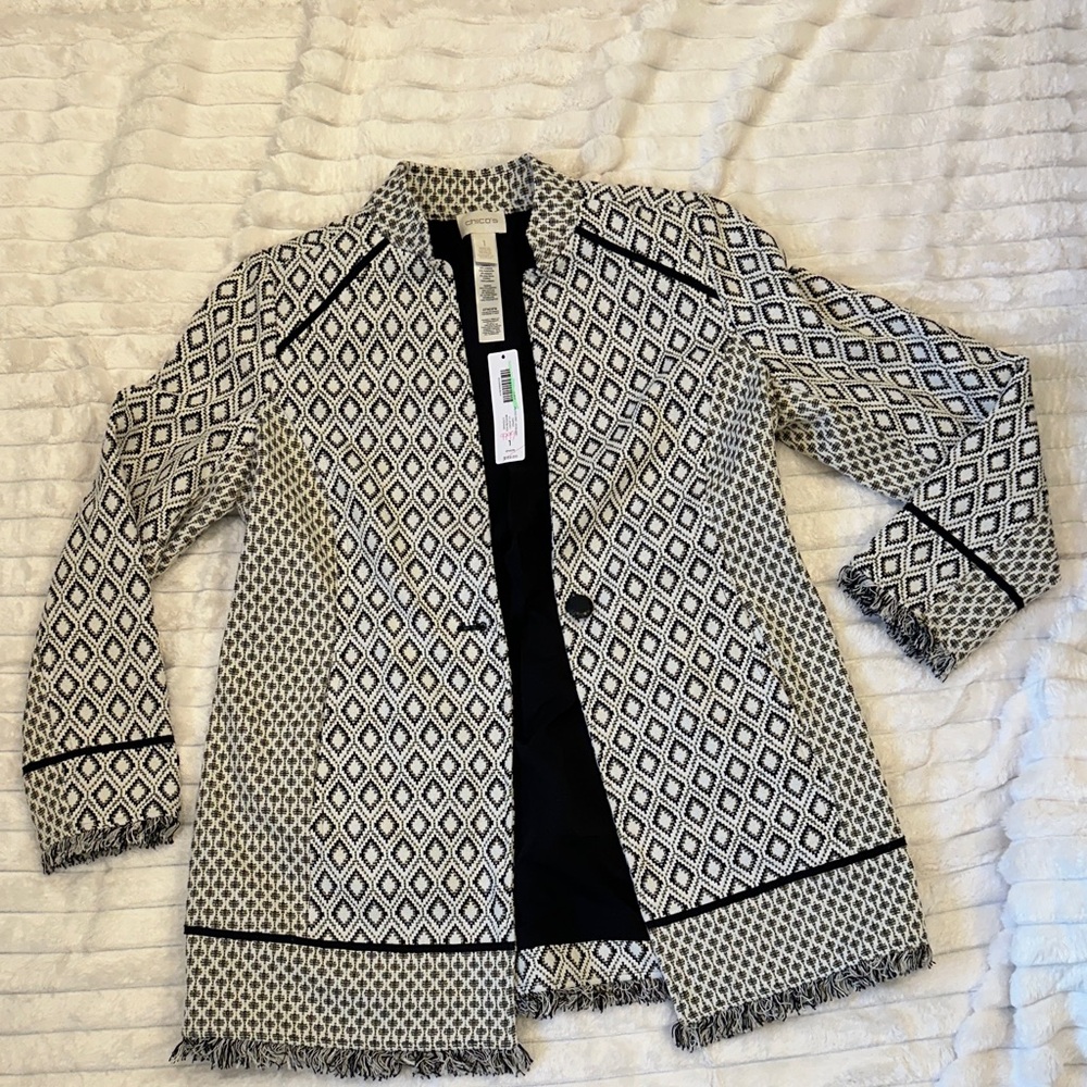 Chico's Ivory Black Metallic Gold Knit Fringe Diamonds Button Jacket NWT (Med)